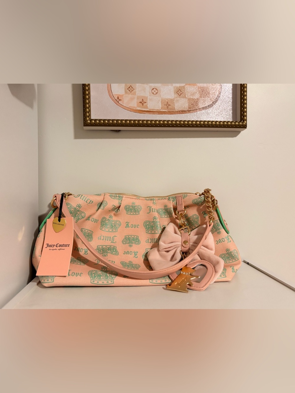 Juicy Couture Pink Canvas Shoulder Bag with Mint Crown Print & Bow Charm NWT